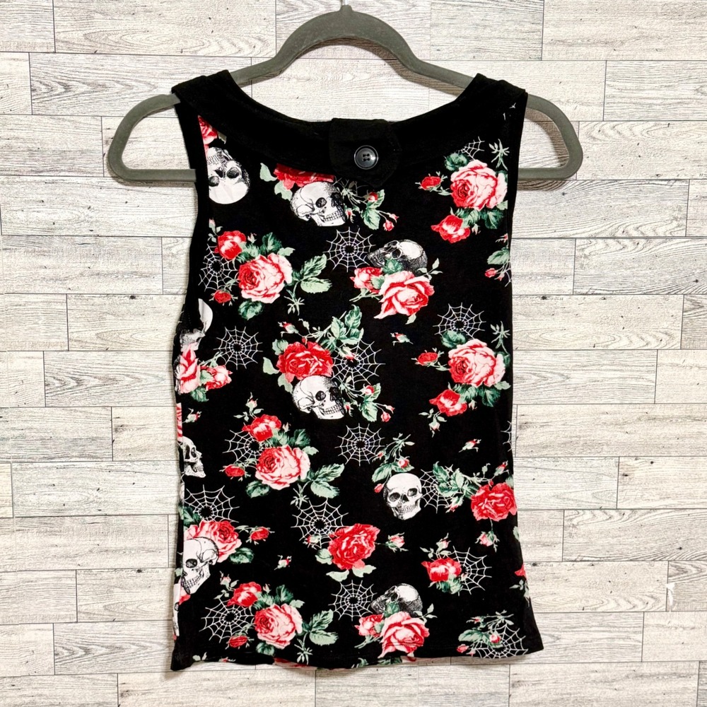 Hot Topic Womens Sz-Small Skull Rose Tie Front Tank Top Black Red Retro Goth NEW - Picture 10 of 12